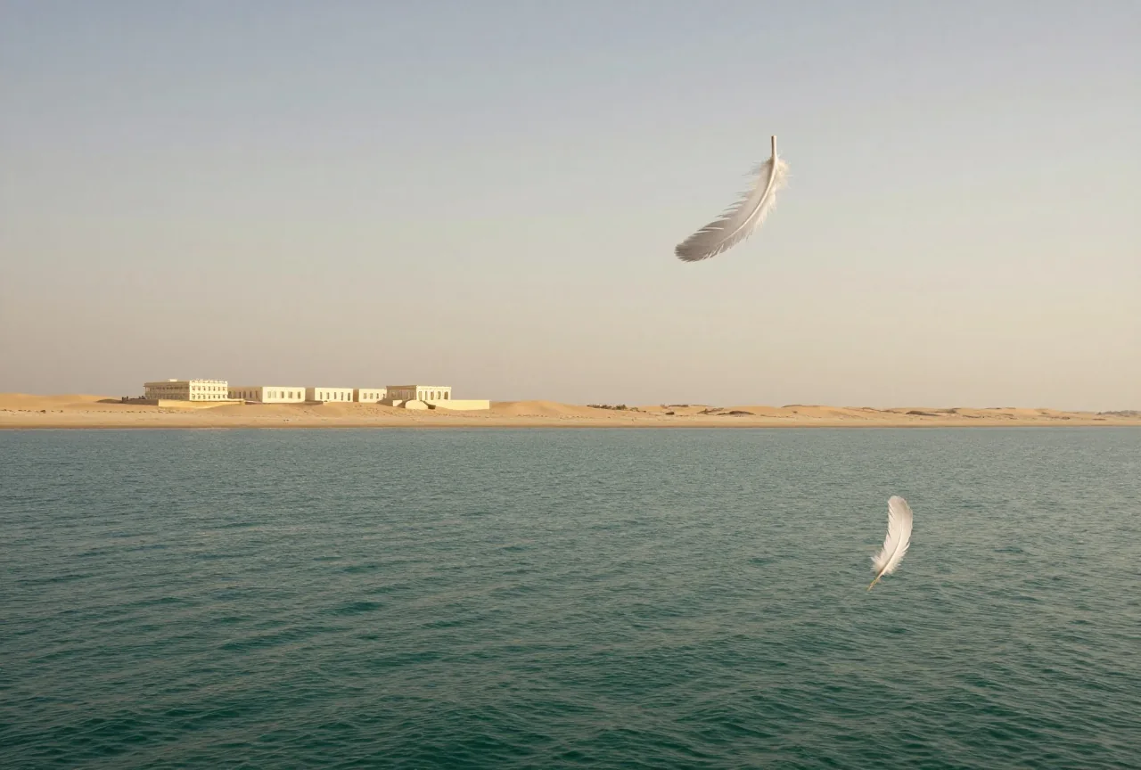 Weiße Federn schweben langsam im warmen Morgenlicht über einem ruhigen Meer unter einem zarten Pastellhimmel