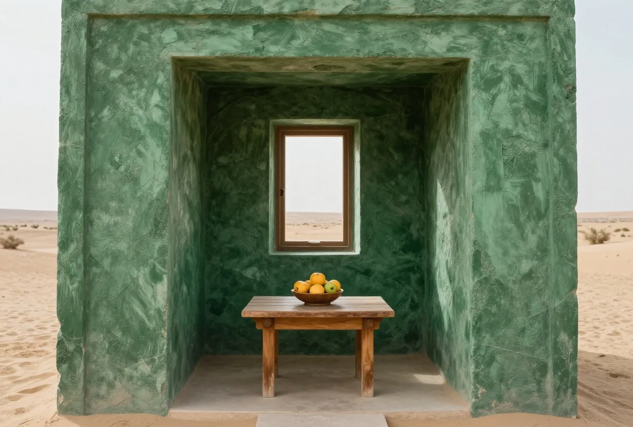 Eine kleine gewölbte Steinkammer mit rauen Wänden, eine Schale mit frischem Obst auf einem niedrigen Holztisch im weichen Licht