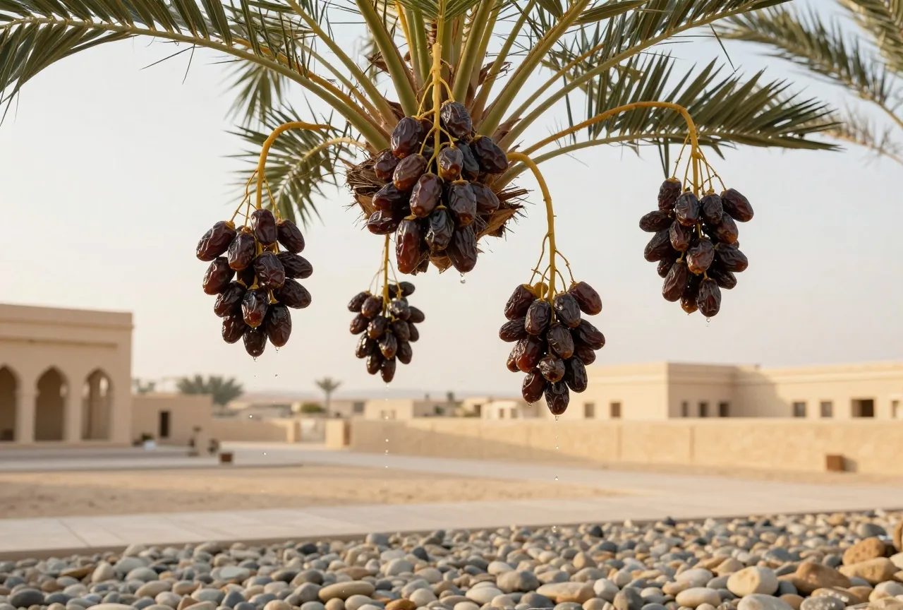 Büschel reifer Datteln an einem Palmzweig in Nahaufnahme, darunter rinnt klares Wasser über Kiesel im goldenen Morgenlicht