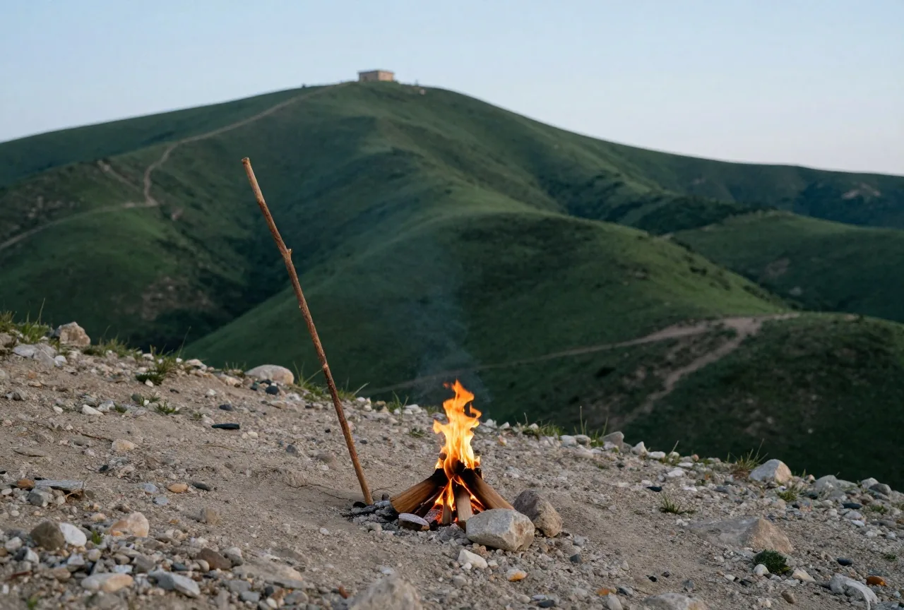 Ein kleines Feuer glüht in der Dämmerung an einem steinigen Berghang, daneben lehnt ein Holzstab an einem Felsen