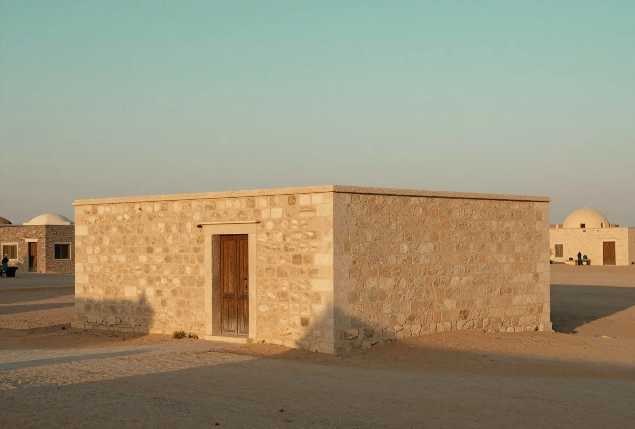 Ein niedriges sandfarbenes Steinhaus mit geschlossener Holztür am Rand eines stillen Wüstendorfs in der Abenddämmerung