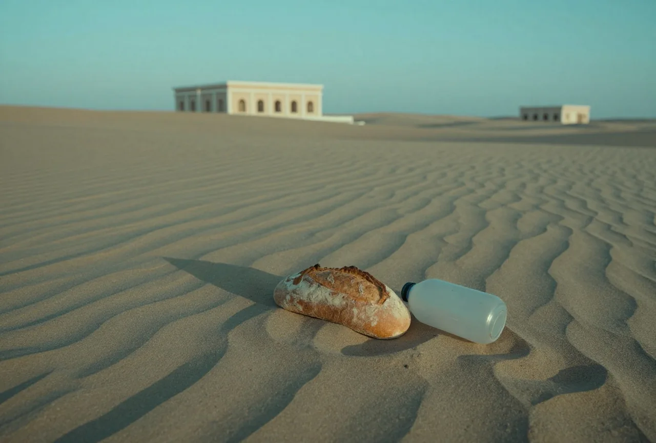 Ein einzelnes Stück Brot und ein kleiner Wasserschlauch liegen in der Abenddämmerung auf trockenem Wüstensand