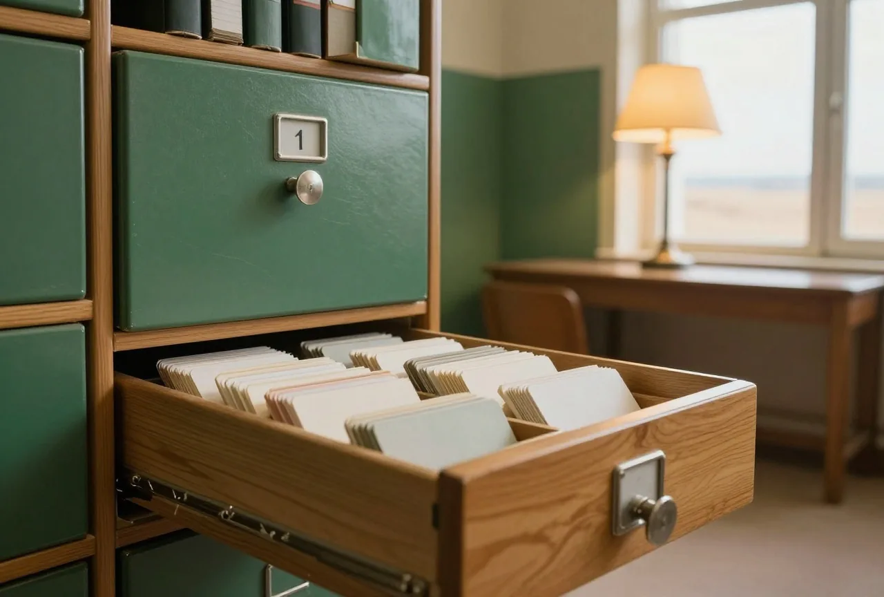 Eine geöffnete hölzerne Karteischublade mit unbeschrifteten Karten in einem ruhigen alten Archivraum im Lampenlicht