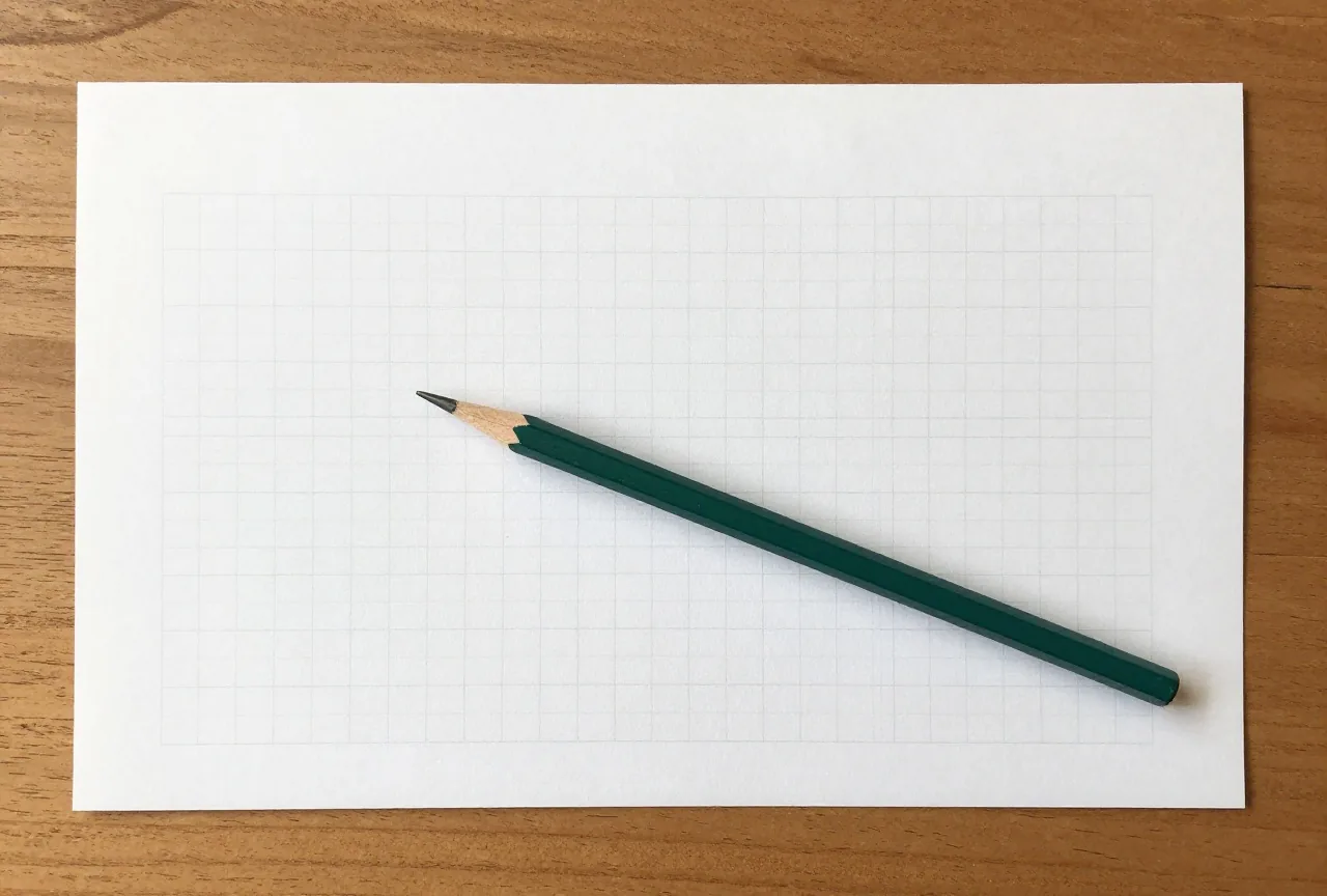 Ein Bleistift liegt auf einem Blatt mit einem Raster kleiner leerer Kästchen auf einem Holzschreibtisch im Tageslicht