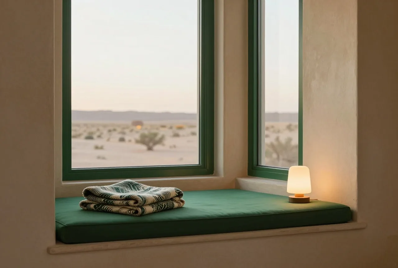 Eine ruhige Leseecke mit gepolsterter Fensterbank, gefalteter gemusterter Decke und kleiner Lampe im warmen Abendlicht