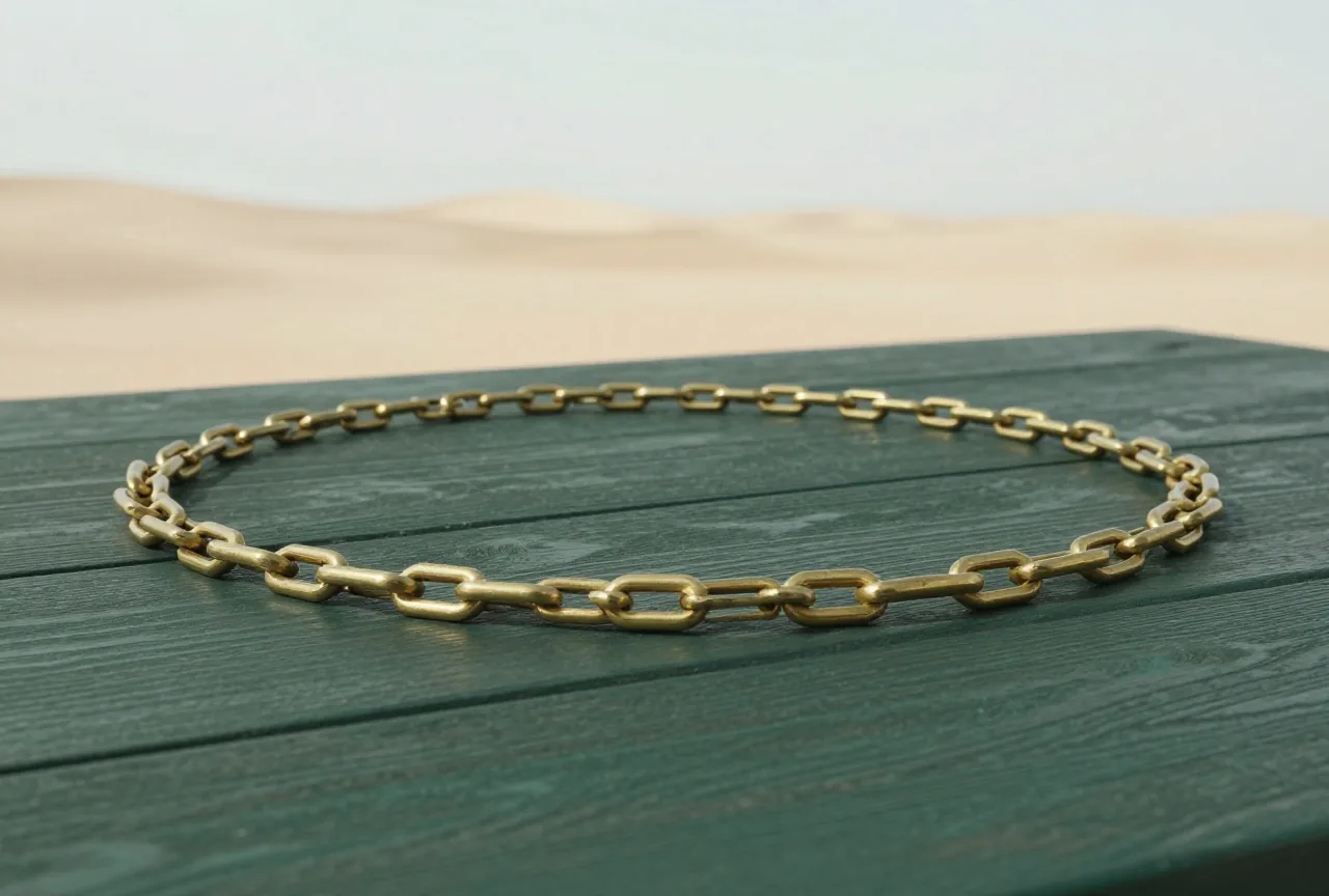 Eine lange Kette aus schlichten Messinggliedern liegt in einem sanften Bogen auf einem dunklen Holztisch im Seitenlicht