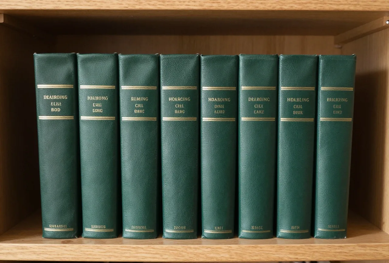 Sechs geschlossene Lederbände mit schlichten Rücken stehen in einer ruhigen alten Bibliothek auf einem Holzregal