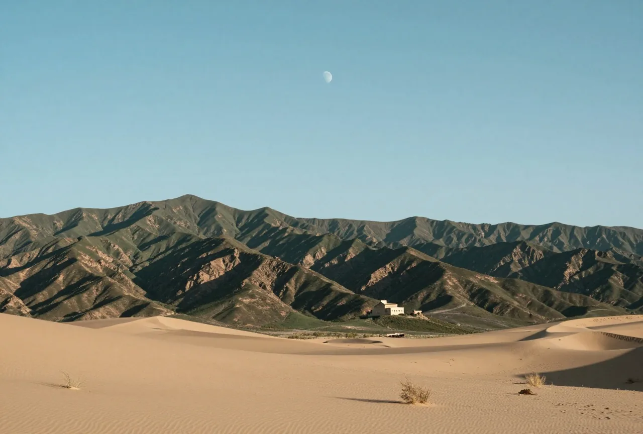 Schroffe dunkle Berge unter klarem Himmel, tief stehende Sonne und blasser Mond zugleich, lange Schatten im Sand