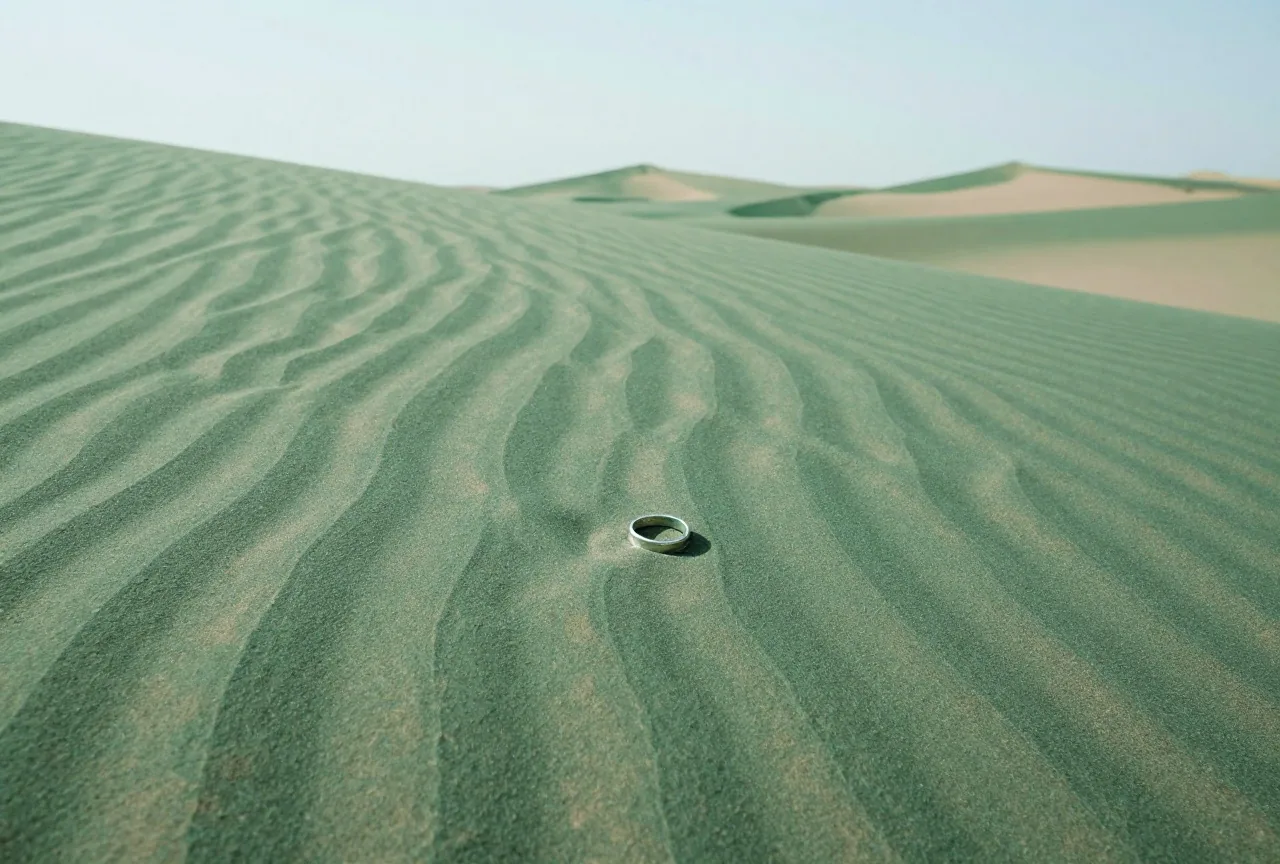 Ein kleiner silberner Ring liegt auf weitem geriffeltem Wüstensand unter hellem Himmel, von oben gesehen