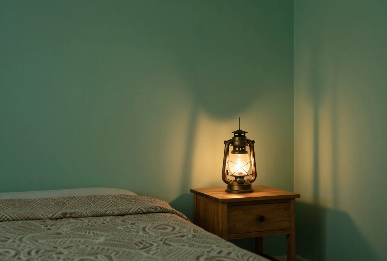 Ein ruhiges Schlafzimmer bei Nacht mit einer leuchtenden Öllampe auf einem Holztisch und einer gemusterten Decke