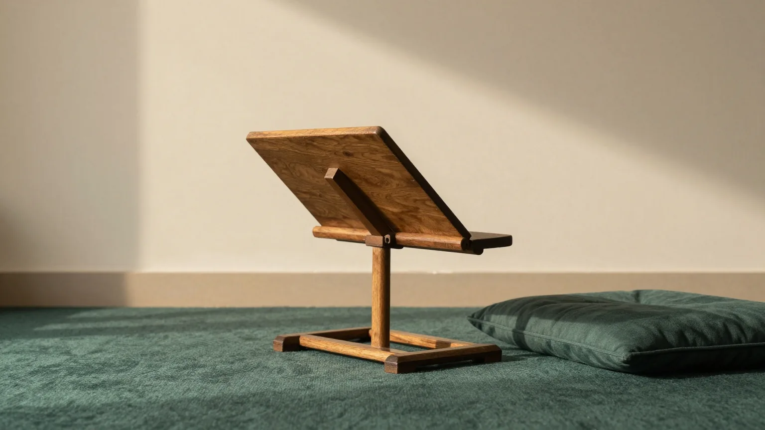 Ein zusammengeklapptes altes Lesepult aus Holz auf einem Teppich neben einem Sitzkissen in einem ruhigen Raum mit warmem Licht