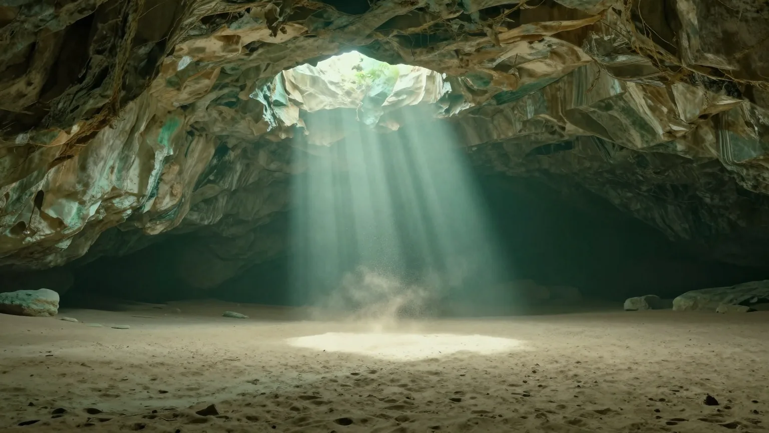 Weiche Lichtstrahlen fallen durch Öffnungen in der Decke einer weiten Kalksteinhöhle, Staub glitzert in der Luft