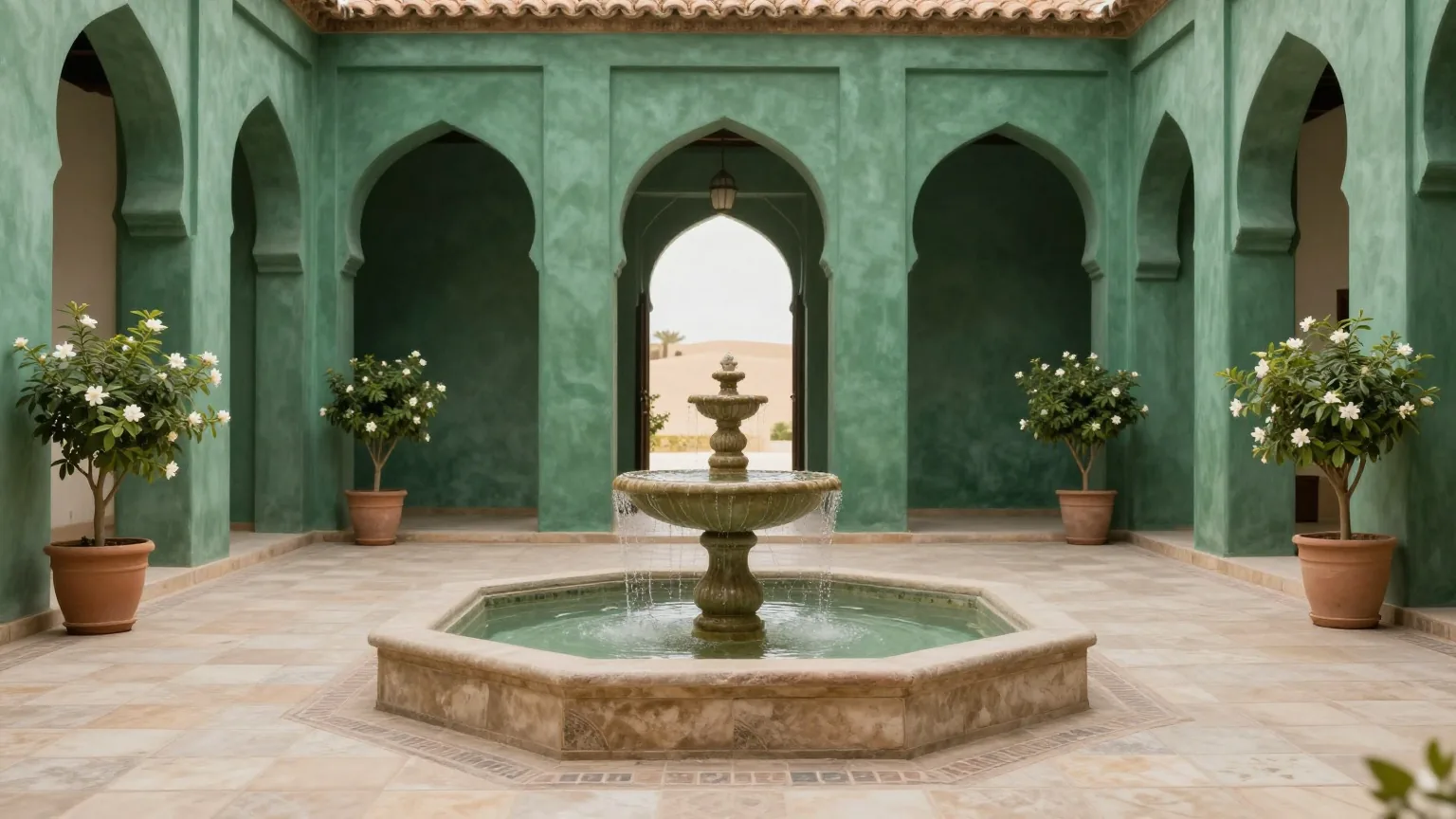 Ein stiller Innenhof mit Brunnen, schattigem Bogengang und Jasmin in Töpfen auf gemusterten Bodenfliesen