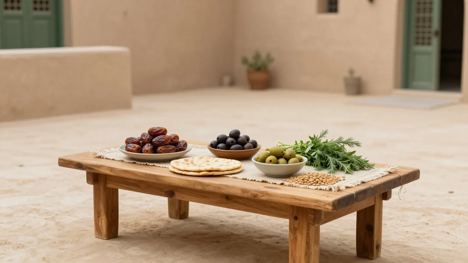 Ein niedriger Holztisch mit Datteln, Fladenbrot, Oliven, Linsen und frischen Kräutern auf einem gewebten Tuch