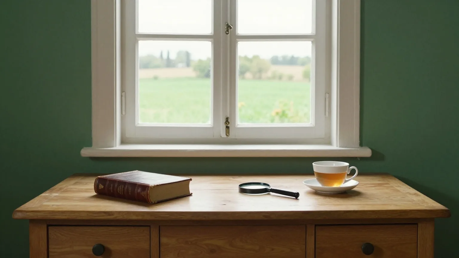 Ein aufgeräumter Schreibtisch am Fenster eines Dorfhauses mit geschlossenem altem Lederband, Lupe und Teetasse, draußen grüne Felder