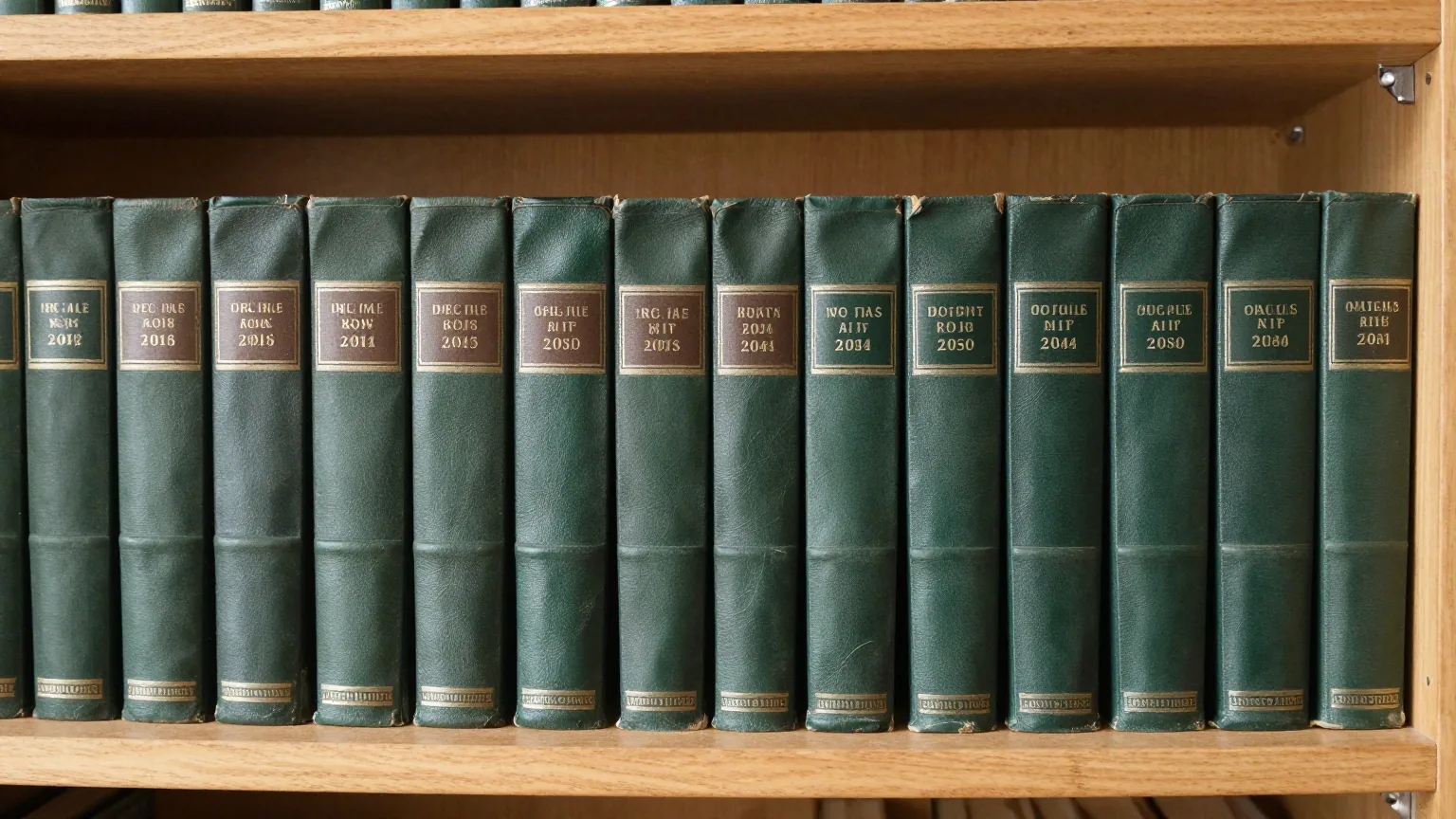 Reihen alter geschlossener Lederbände unterschiedlicher Dicke stehen auf einem Holzregal in einer stillen Bibliothek
