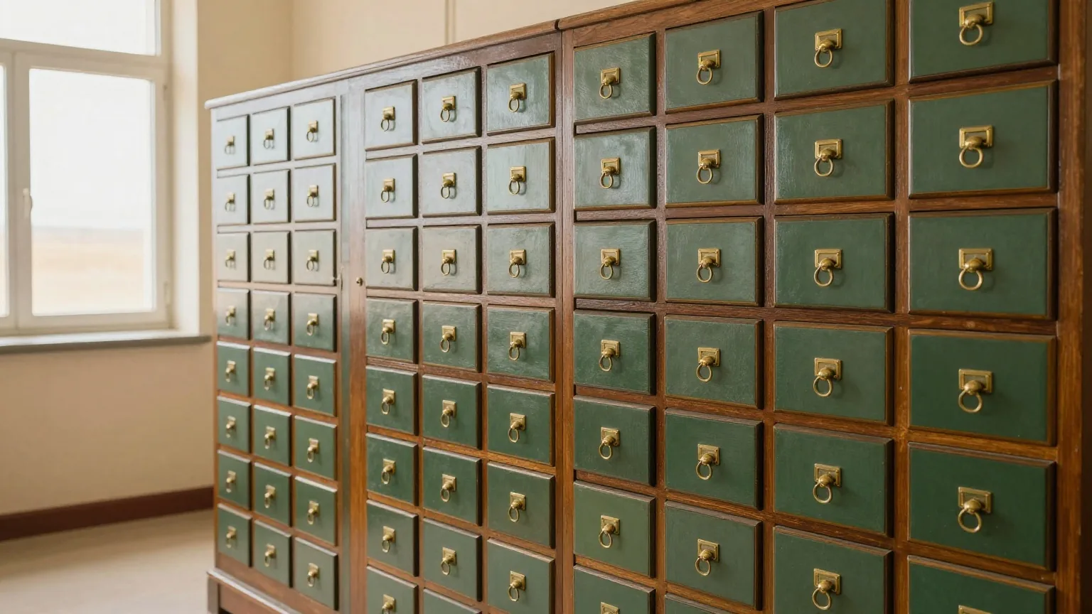 Ein alter hölzerner Karteischrank mit vielen kleinen geschlossenen Schubladen und Messinggriffen in einem stillen Archivraum